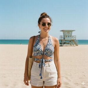 Robin Piccone Blue White Ikat Print Halter Triangle Bikini Top - Size S